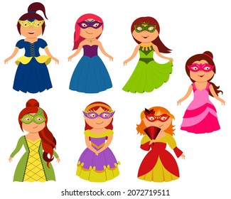 Little girls in princess costume in masquerade mask and fancy dress. A set of cute kids dressed as royalty. vector illustration isolated on a white background
