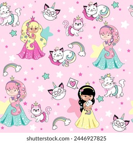 Niñas princesas y gatos divertidos en un patrón sin fisuras de fondo rosa. Ilustración de dibujos animados de Vector para la impresión de la camiseta para el concepto de cumpleaños de los niños