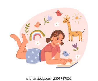 Little girls reading book with cartoon animals flat cartoon vector illustration. Lying girl with fairy tale book about giraffe, rainbow and flying small birds and flowers. Small lady read fairy-tale