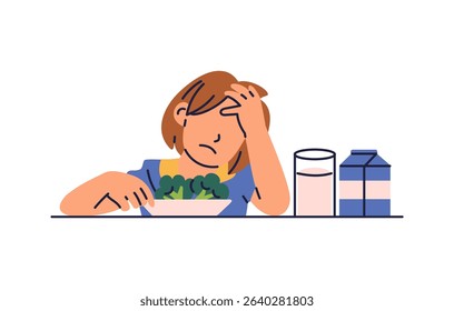 Little girls refuse to eat broccoli and milk. Picky eater young kids hate vegetables. Flat vector illustration isolated on white background