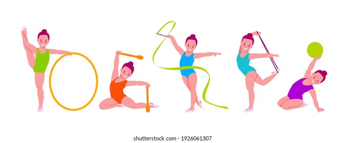 Little girls rhythmic gymnasts with various gymnastic objects. Set of vector illustrations in flat cartoon style. Isolated on a white background.