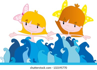 Little girls in the sea