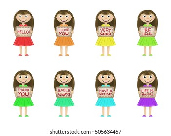 Little girls set on a light background with a sign in his hand with the various words and phrases. Vector illustration.
