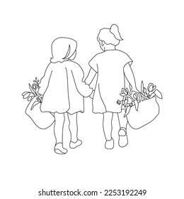 Little girls silhouette outline isolated on white background. Two little girls line art holding hands and carrying flowers. Vector illustration