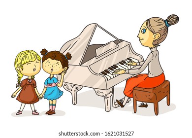 Little girls singing song and teacher plating piano isolated on white. Woman and kids. Cartoon chorus people characters. Music education. Vocal and musician instrument. Vector flat illustration
