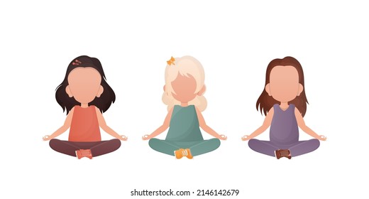 Little girls Sits in the lotus position. Children's meditation. Vector illustration in cartoon style. Set isolated on a white background.