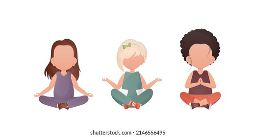 Little girls Sits in the lotus position. Yoga kids. Vector illustration. Set isolated on a white background.