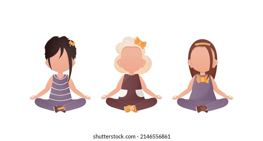 Little girls Sits in the lotus position. Cute yoga, mindfulness and relaxation. Vector illustration. Set isolated on a white background.