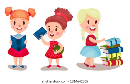 Little Girls Sitting and Standing Reading Book Vector Illustrations Set