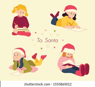 Little girls are sitting in various postures and writing letters to Santa. hand drawn style vector design illustrations. 