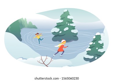 Little girls skating flat vector illustration. Cheerful children in warm clothes cartoon characters. Happy childhood, outdoor leisure. Winter holidays, Smiling kids on ice rink, active recreation