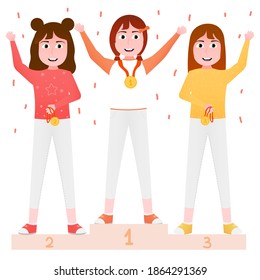 LIttle girls standing on winner podium and waving with medals, happy sport athletes, champions in competition in cartoon style on white background