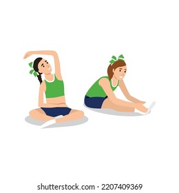 Little girls stretching before doing sports. Flat vector illustration isolated on white background