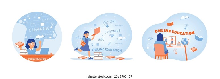 Little girls study using laptops and books. Female student doing video conference with classmates on computer. Study from home. Online Education concept. Set flat vector illustration