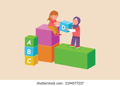 little girls team playing alphabet puzzle box in the class. the concept of pupil activity in class. Flat vector illustrations isolated.