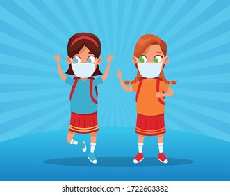 little girls using face masks for covid19 vector illustration design