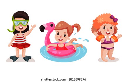 Little Girls Wearing Beach Wear with Rubber Ring and Inflatable Armbands Swimming and Playing Vector Illustration Set