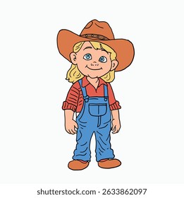 little girls wearing cowboy clothes and hat. Cartoon Style Illustration