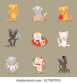 Little Girly Cute Kittens Cartoon Characters Different Activities And Situations Set Of Vector Illustrations