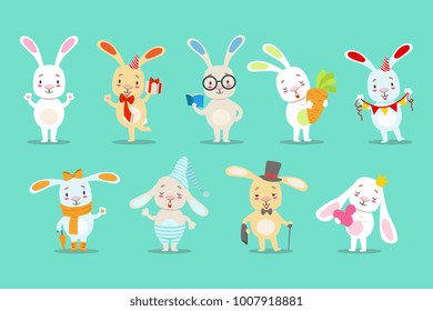 Little Girly Cute White Bunny Cartoon Character Different Activities And Situations Set OF Vector Illustrations