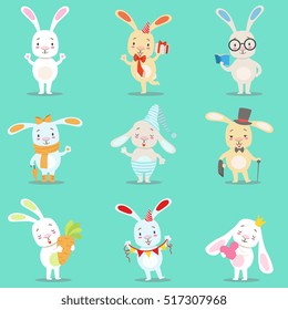 Little Girly Cute White Bunny Cartoon Character Different Activities And Situations Set OF Vector Illustrations