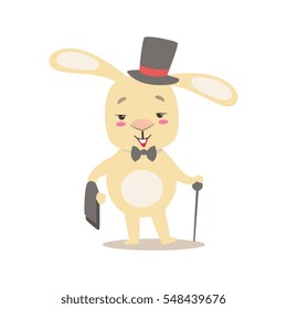 Little Girly Cute White Pet Bunny In Gentleman Costume With Top Hat, Cartoon Character Life Situation Illustration