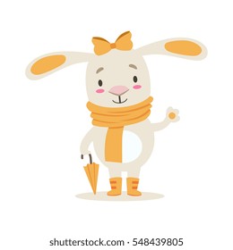 Little Girly Cute White Pet Bunny In Orange Autumn Clothes With Umbrella, Cartoon Character Life Situation Illustration