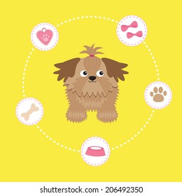 Little glamour tan Shih Tzu and dog stuff. Dash line circle. Vector illustration.