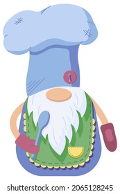 Little gnome cooked in a flat style, dwarf character with spoon in hand isolated on a white background. Vector illustration