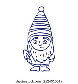 Little gnome. Cute dwarf characters with shovel. Hand drawn sketch. Blue pen or marker drawing. Primitive kids picture