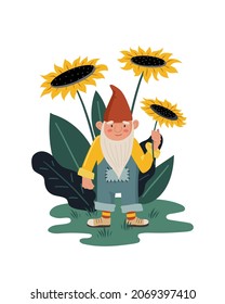 Little gnome or dwarf with sunflowers. Cute children's illustrations