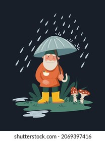 Little gnome or dwarf with umbrella in the rain. Cute children's illustrations
