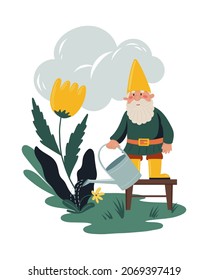 Little gnome or dwarf waters a flower from a watering can. Cute children's illustrations