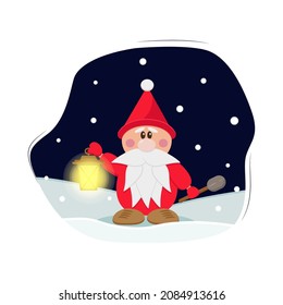 a little gnome with a flashlight and a shovel in winter there is a lot of snow