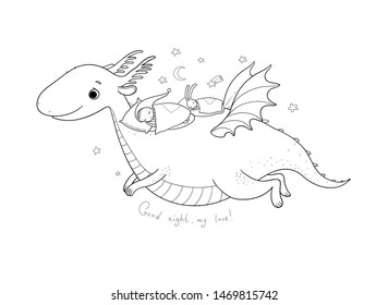 little gnome flies on a dragon. Elf and dinosaur.