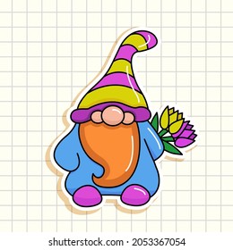 Little gnome with flowers. Sticker red-haired gnome with flowers. Romance. Vector illustration.