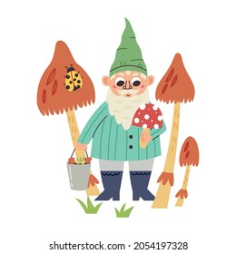 Little Gnome Holding Bucket of Mushrooms. Garden fairy tale dwarf character. Modern vector illustration in flat cartoon style