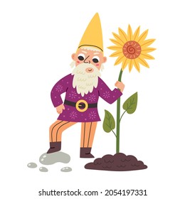 Little Gnome holding sunflower. Garden fairy tale dwarf character. Modern vector illustration in flat cartoon style