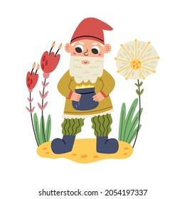 Little Gnome Holds Pot of Coins. Garden fairy tale dwarf character. Modern vector illustration in flat cartoon style