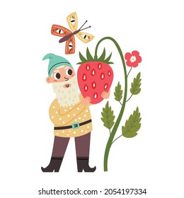 Little Gnome Hugs Strawberry. Garden fairy tale dwarf character. Modern vector illustration in flat cartoon style