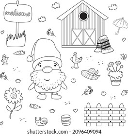 Little gnome illustration. Bundle set with a Dwarf Farmer and agricultural items and animals: haystack, barn, chickens, flowers and a fence. Cartoon style. Coloring Page or Book for Kids and Adults