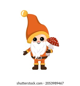Little gnome with long white beard, cheerful face with fly agaric mushroom. Character for harvest autumn festival, Thanksgiving Day, decorate house and garden
