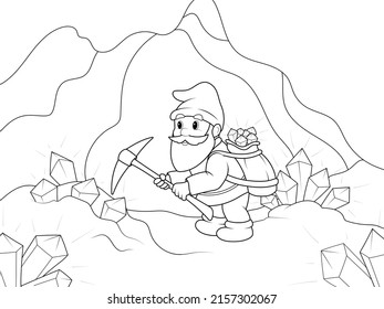 A little gnome, a miner, extracts diamonds in a mine. Vector, page for printable children coloring book.