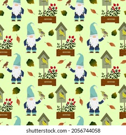 Little gnome pattern, a box with flowers and a birdhouse with birds. Vector illustration. For baby products, prints, packaging, shops, covers and flyers.