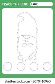 little gnome. Preschool worksheet for practicing fine motor skills - tracing dashed lines. Tracing Worksheet. Illustration and vector outline - A4 paper ready to print.