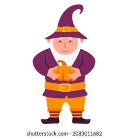 Little gnome with a pumpkin. Halloween character.Trick or treat. Vector flat illustration.Isolated on white background.