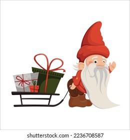 El pequeño gnomo Santa Claus está llevando regalos de Navidad en trineos - ilustración vectorial para Navidad y Año Nuevo diseño de tarjetas, carteles, afiches