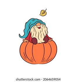 Little gnome sitting on a big pumpkin. Thanksgiving greeting graphic design. Adorable gnome funny hat vector illustration. Fall leaf. Autumn harvest thanksgiving day graphics. Swedish gnome Tomte.