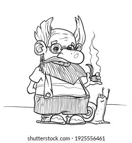 The little gnome smokes a pipe and a kind snail. Childrens illustration