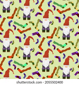 Little gnome and socks pattern. Vector illustration. For baby products, prints, packaging, shops, covers and flyers.
